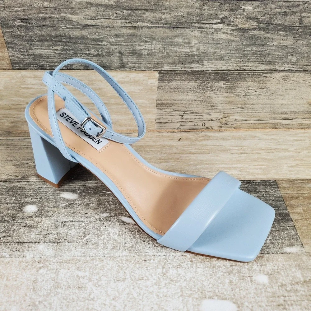 Steve Madden Birdie Womens Sandals Sz 7.5 M Blue Leather Ankle Strap Block Heel
